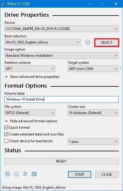 rufus settings windows 10 bootable