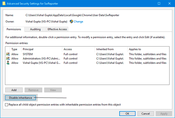 Qué es y cómo deshabilitar Software Reporter Tool en Google Chrome 39 Remove Users Permissions Software Reporter Tool Folder 1