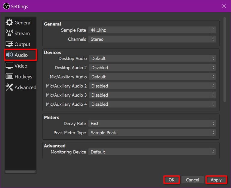 Cómo emitir en directo en YouTube con OBS 41 obs audio settings