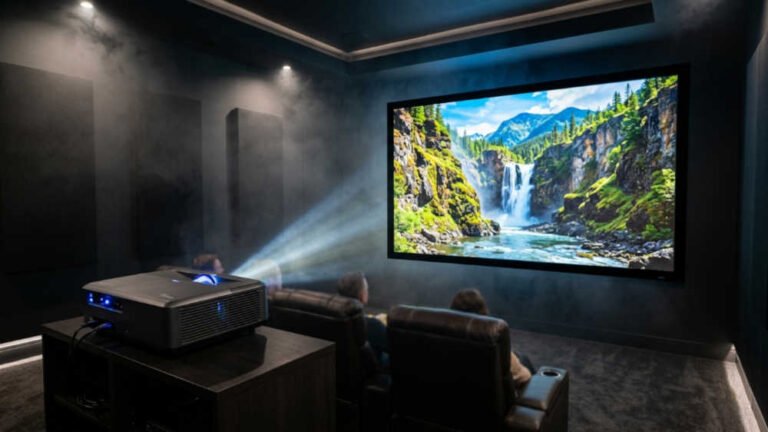 Mejores proyectores 4K: Proyector 4K laser iluminando una pantalla de cine en casa en una sala oscura