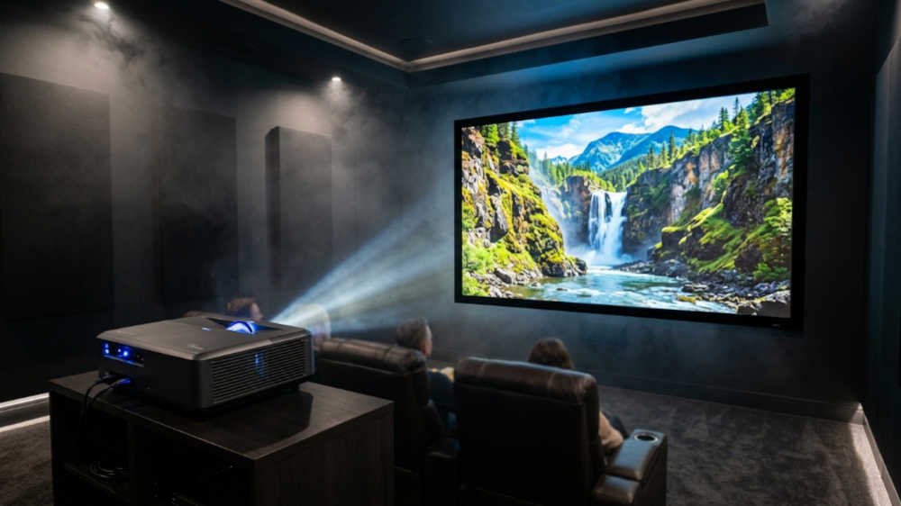 Mejores proyectores 4K: Proyector 4K laser iluminando una pantalla de cine en casa en una sala oscura