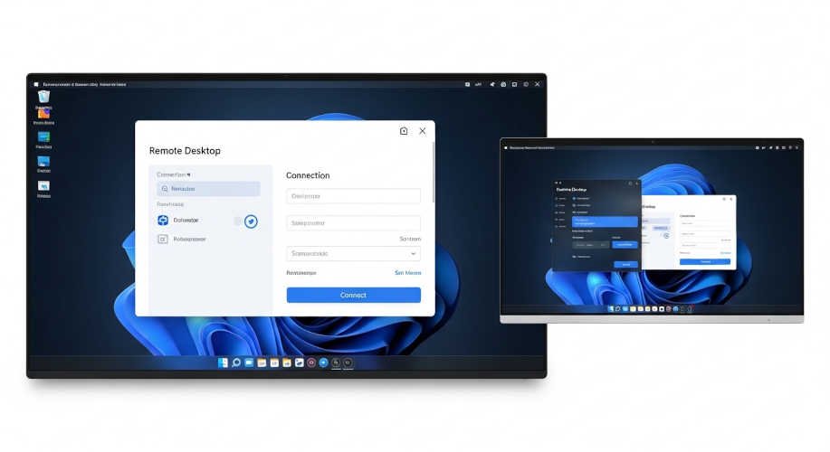 Interfaz de programa de escritorio remoto mostrando conexión activa entre dos computadoras en pantalla dividida