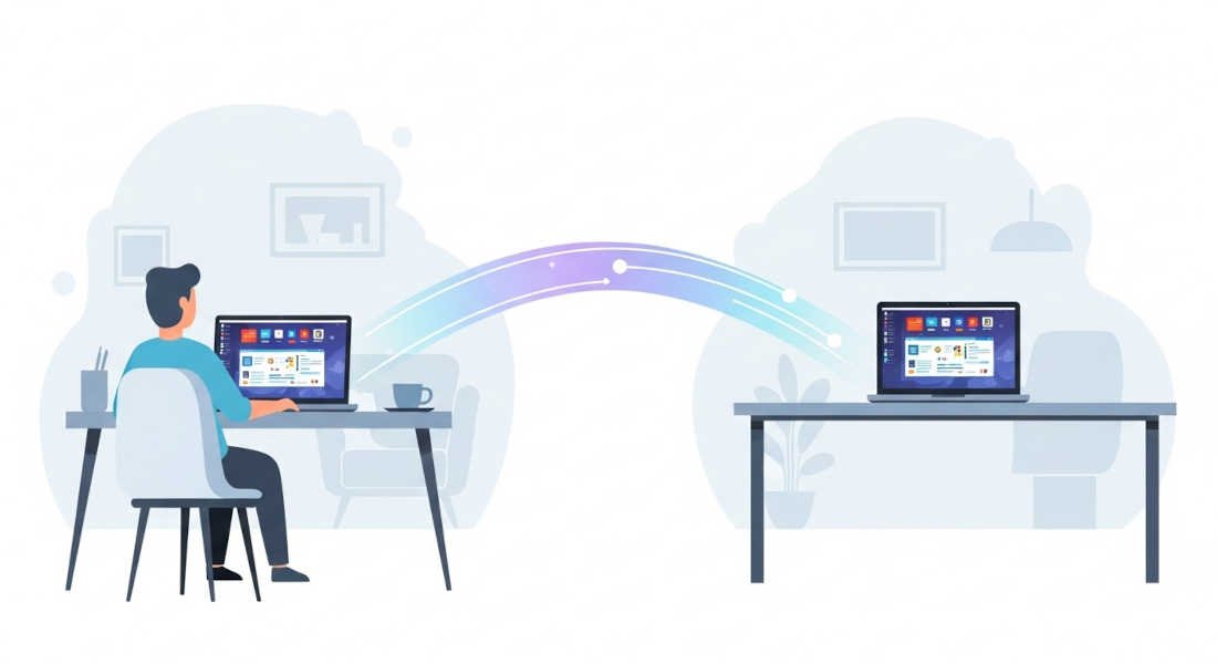 Mejores programas de acceso remoto gratuitos: Persona controlando de forma remota una computadora de oficina desde su hogar mediante un programa de acceso remoto gratuito