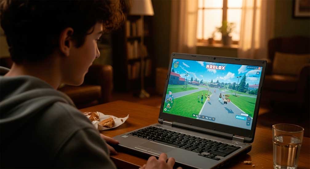Adolescente jugando Roblox en laptop económica