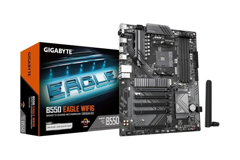 [Imagen sugerida: Placa base GIGABYTE B550 Eagle WiFi 6 mostrando sus puertos traseros, ranuras M.2 y diseño ATX.]