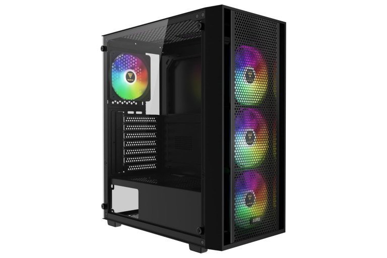 [Cómo armar una PC gamer barata para Fortnite: torre Gamdias Aura GC1 con panel de vidrio templado y ventiladores iluminados.]