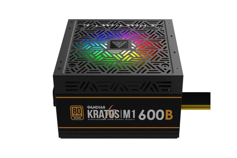 [Imagen sugerida: fuente Gamdias Kratos M1-600B con ventilador RGB y cableado semi-modular.]