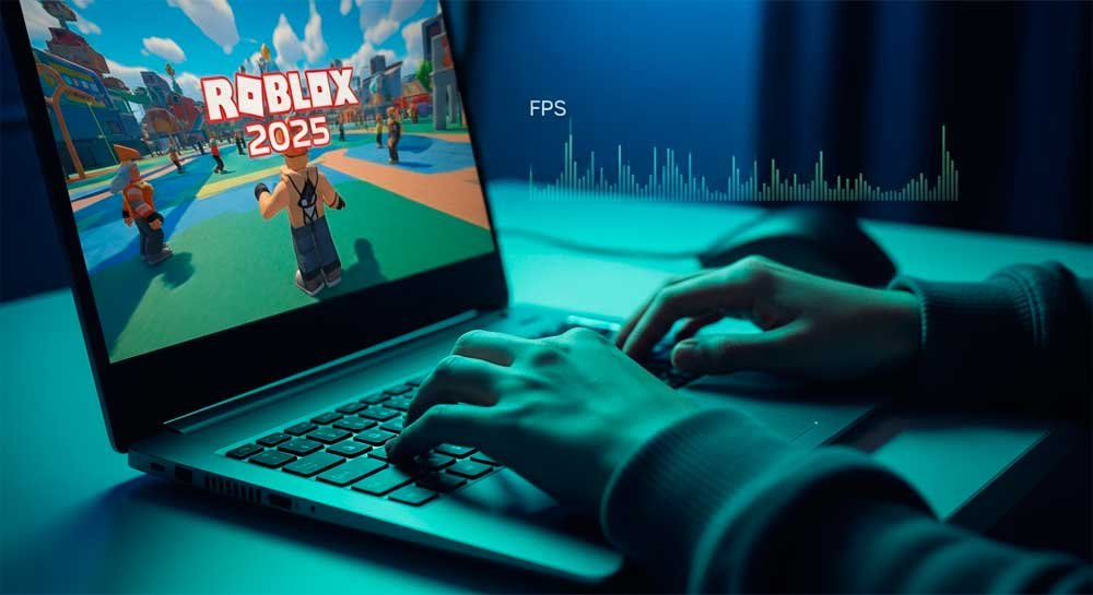 teen playing Roblox 2025 on a laptop económica en escritorio minimalista