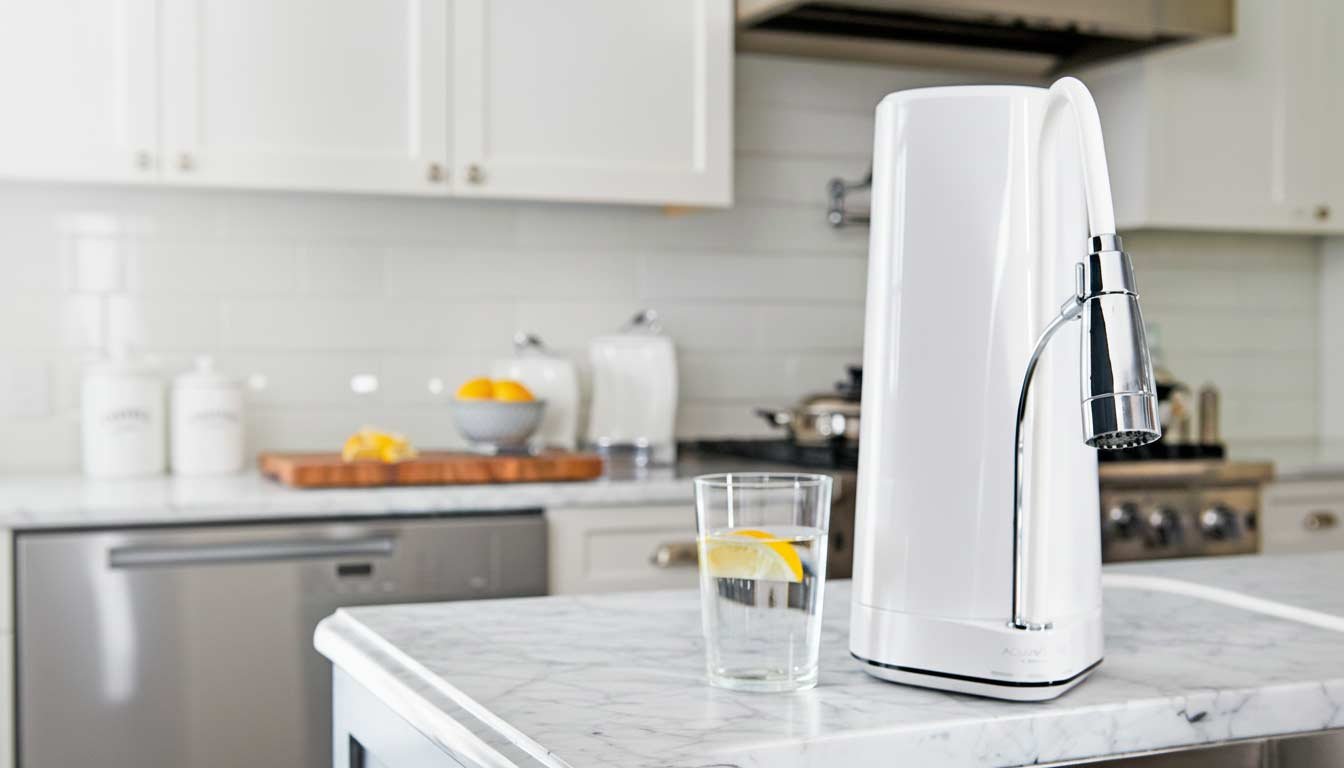Nanotecnología en filtros de agua: foto realista de una cocina moderna minimalista, con un purificador de agua de encimera tipo Aqua Nano CTU-500. Luz natural, colores blancos y azules, estilo editorial para blog de tecnología.