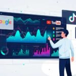 Estrategia SEO Multiplataforma: profesional analizando un panel gigante con métricas de tráfico web y gráficos de crecimiento