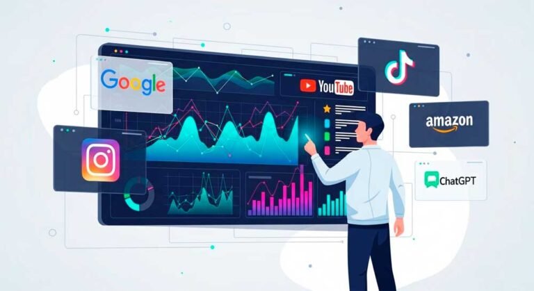 Estrategia SEO Multiplataforma: profesional analizando un panel gigante con métricas de tráfico web y gráficos de crecimiento