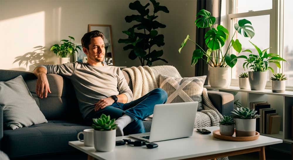 Purificadores de aire para nariz congestionada: guía completa 39 Cómo usar tu purificador de aire para notar de verdad el cambio. Desarrollador relajado en el sofá de un departamento moderno