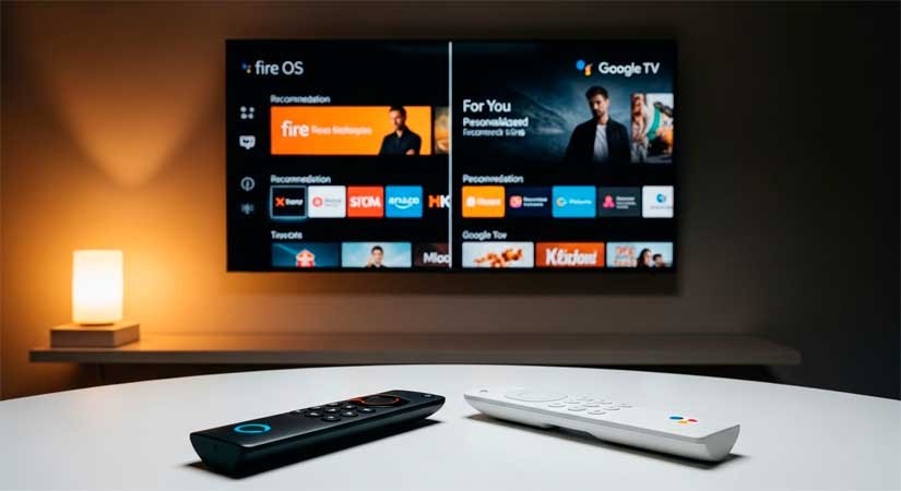 Fire TV Stick vs Chromecast 4K: ¿cuál me regalo? 34 Fire TV Stick vs Chromecast 4K TV 4K al fondo con interfaz dividida mitad Fire OS mitad Google TV