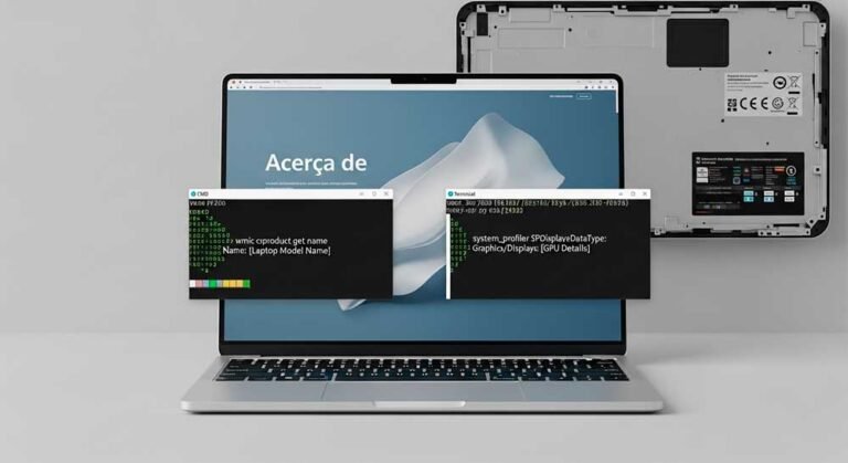Identificar el modelo de tu laptop. escritorio minimalista con una laptop abierta mostrando en lenguaje español “Acerca de” en pantalla, ventanas de CMD y Terminal superpuestas