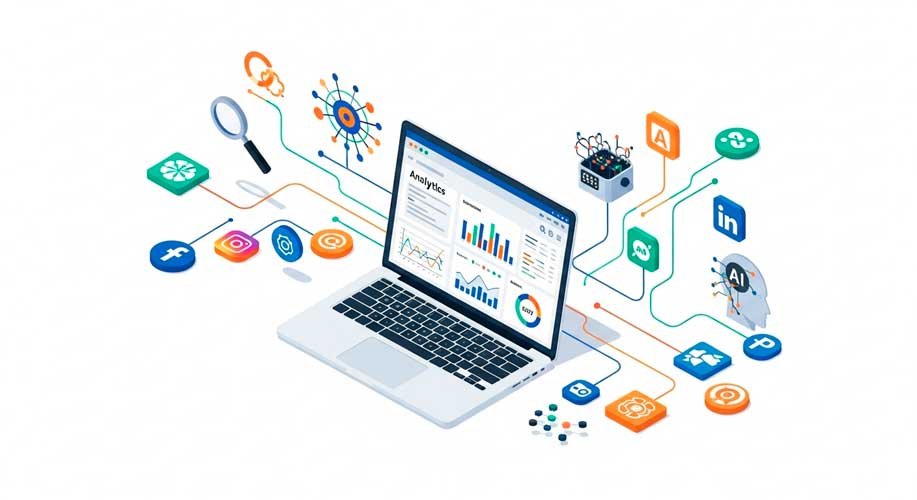 La estrategia SEO multiplataforma para dominar Google, TikTok, YouTube y ChatGPT 34 Estrategia SEO multiplataforma: mesa de trabajo digital con laptop abierta mostrando un dashboard de analítica