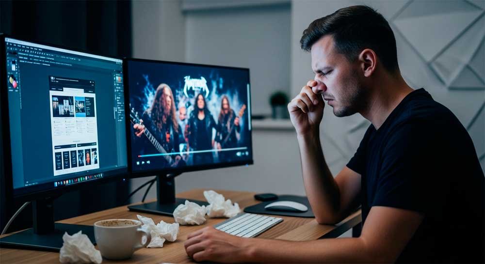 Purificadores de aire para nariz congestionada: guía completa 34 Purificadores de aire para nariz congestionada. Desarrollador trabajando de noche frente a dos monitores en su escritorio, gesto de molestia tocándose la nariz congestionada