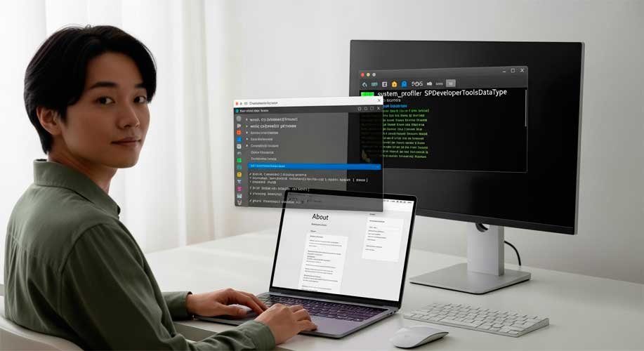 Guía PRO para identificar el modelo de tu laptop 34 Fotografía fotorrealista de Un usuario con expresión de tranquilidad al ser resuelta su consulta, en su escritorio minimalista con laptop abierta