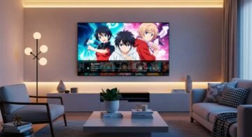 Cómo ver anime en 4K un salón con una TV 4K mostrando anime colorido, interfaz de streaming visible, luz ambiente suave, estilo limpio y tecnológico.