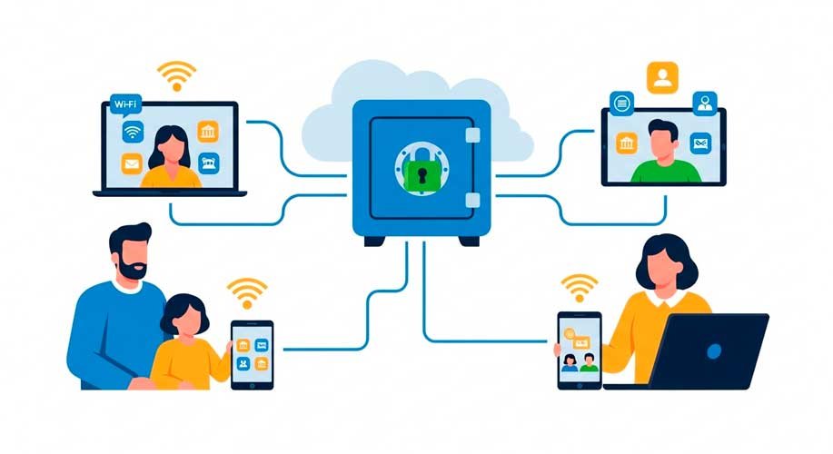 Gestor de contraseñas para familias: una familia y un pequeño equipo remoto conectados a la misma bóveda digital central en la nube