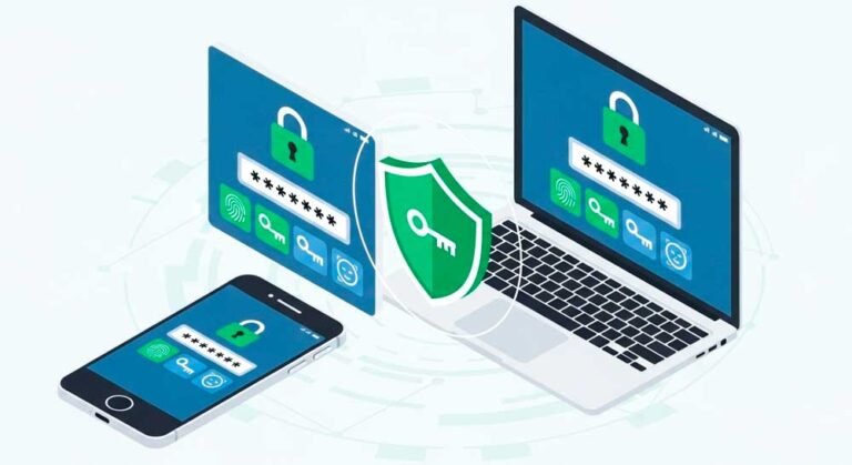 Los 5 mejores gestores de contraseñas. Ilustración isométrica moderna de un móvil y un portátil sincronizados muestran una bóveda de contraseñas abierta con candado verde, iconos de passkeys y escudo de seguridad alrededor.