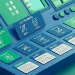 Plantillas de prompts en español. Ilustración isométrica limpia de un panel de control con tarjetas que muestran plantillas de prompts en español, íconos de AIDA y CRAFT