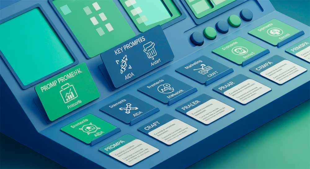 Plantillas de prompts en español. Ilustración isométrica limpia de un panel de control con tarjetas que muestran plantillas de prompts en español, íconos de AIDA y CRAFT