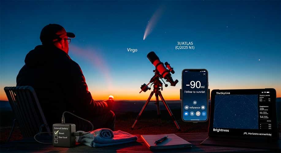 Mejores telescopios para ver el cometa 3I/ATLAS (C/2025 N1) 39 Un aficionado a la astronomía, de espaldas, con telescopio en trípode y linterna roja encendida