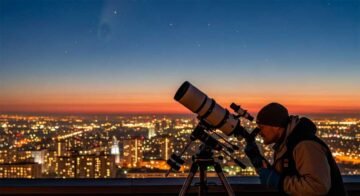 Mejores telescopios para ver el cometa 3I/ATLAS. Un aficionado observando el cometa 3I/ATLAS desde un mirador urbano al amanecer