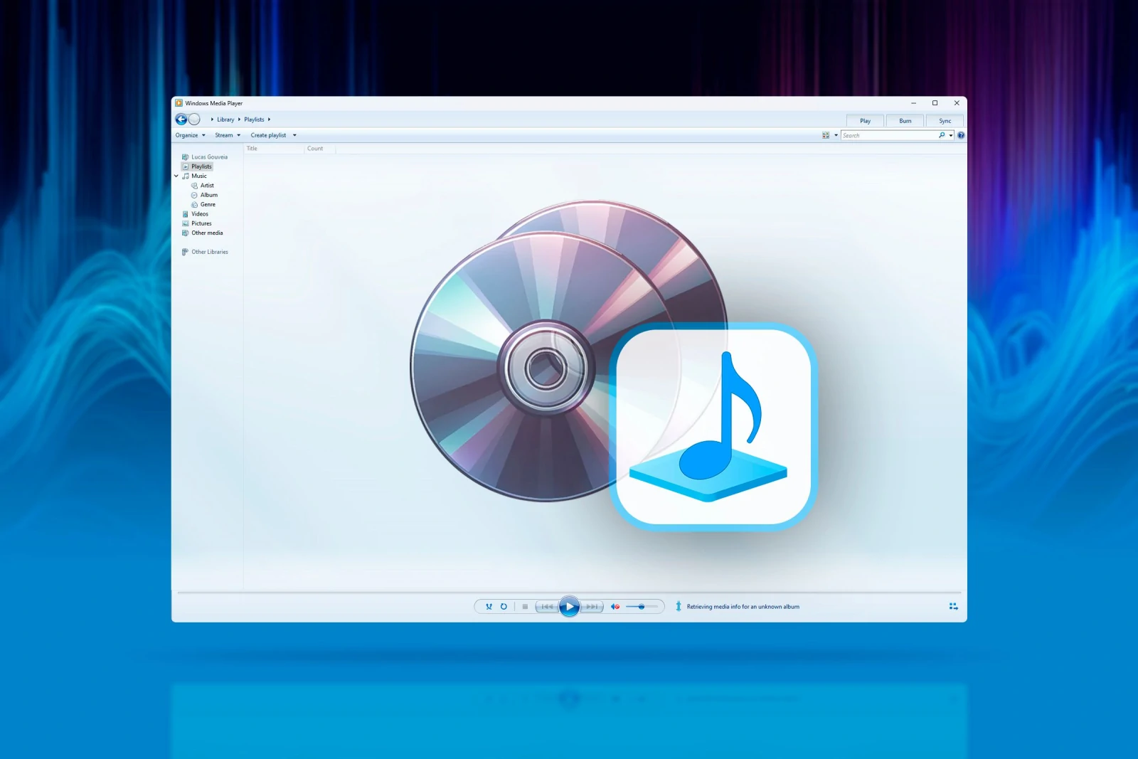 windows media player legacy windows 11 with a cd and music icon in the center