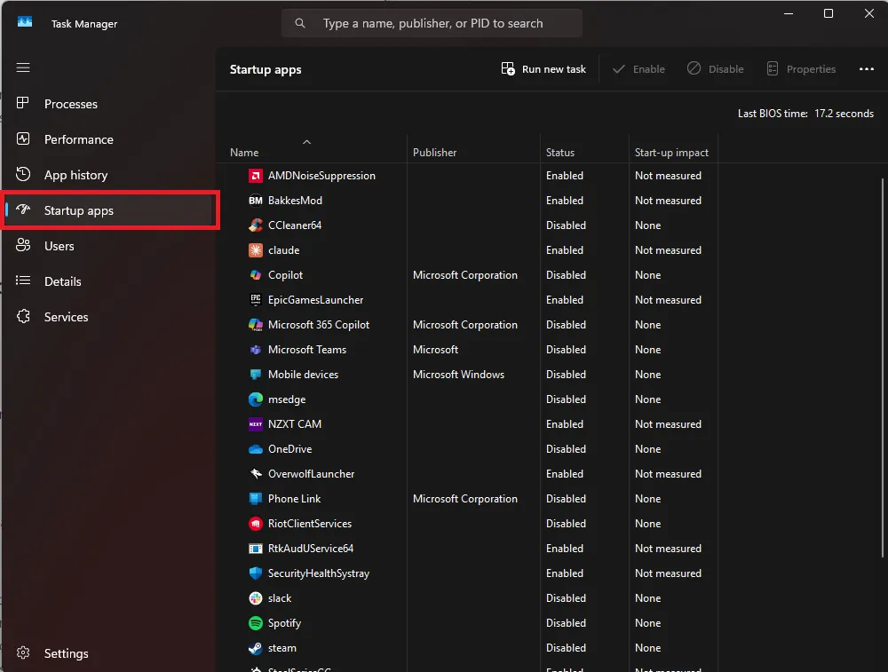Startup tab in Windows Task Manager