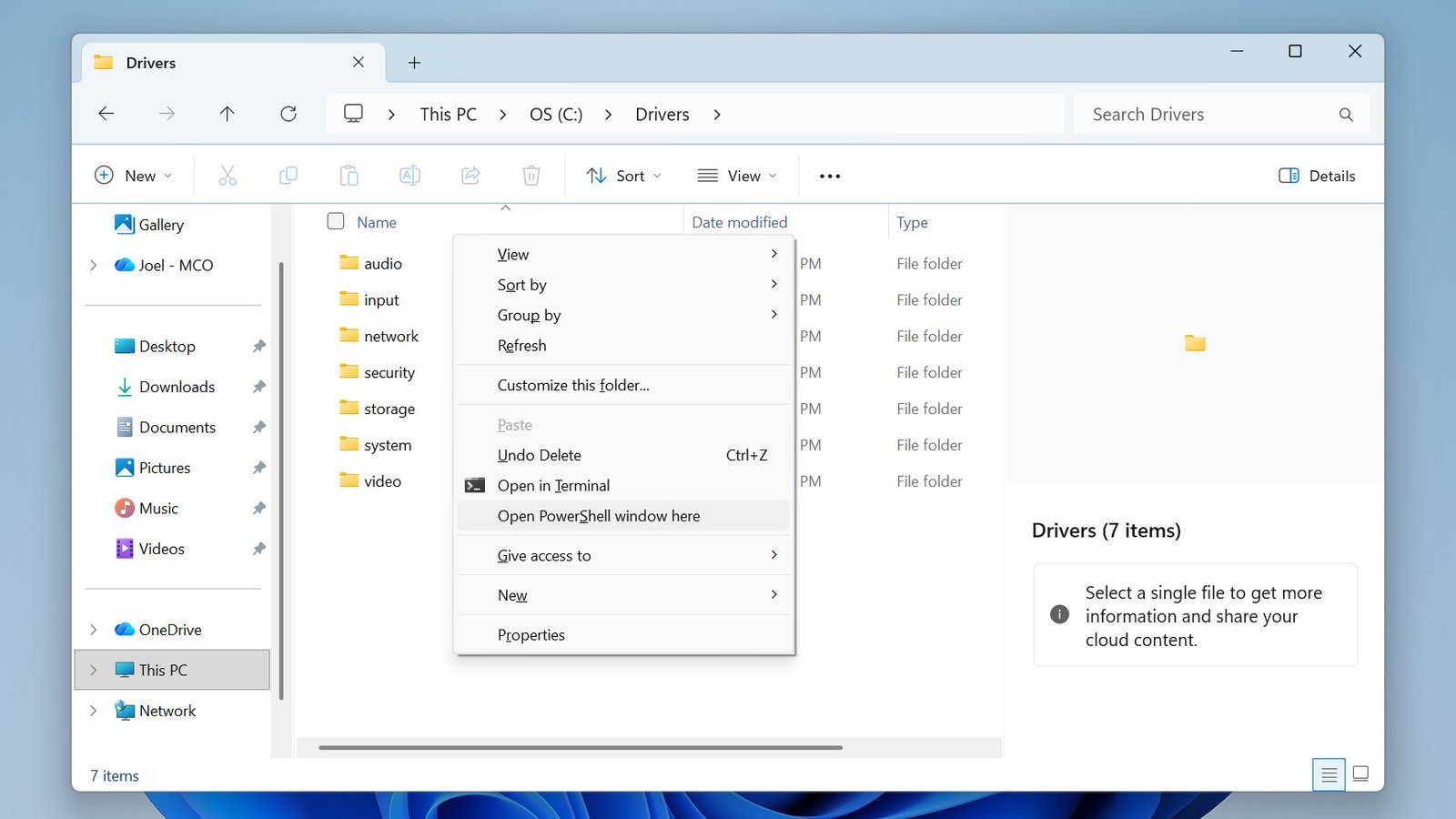 Windows 11 File Explorer action Open PowerShell Window Here