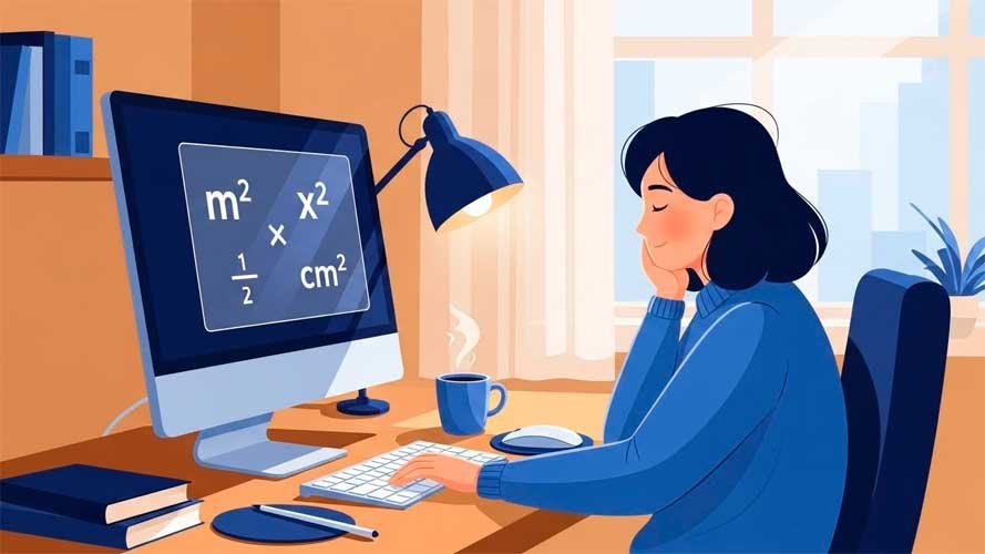 Usuario sentado frente al ordenador, expresión de tranquilidad y alivio al ver en la pantalla símbolos como m², x² y cm² bien escritos