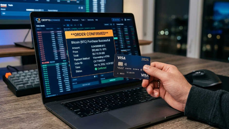 Comprar Bitcoin con tarjeta: persona comprando Bitcoin con tarjeta de crédito en un exchange de criptomonedas en 2026
