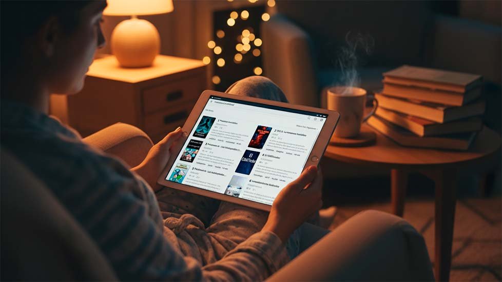 Dónde leer novelas gratis online: mejores apps y webs (2026) 34 Una persona leyendo novelas en la tablet, ambiente nocturno acogedor, estilo digital limpio, tecnología y lectura online, tonos cálidos, enfoque editorial.