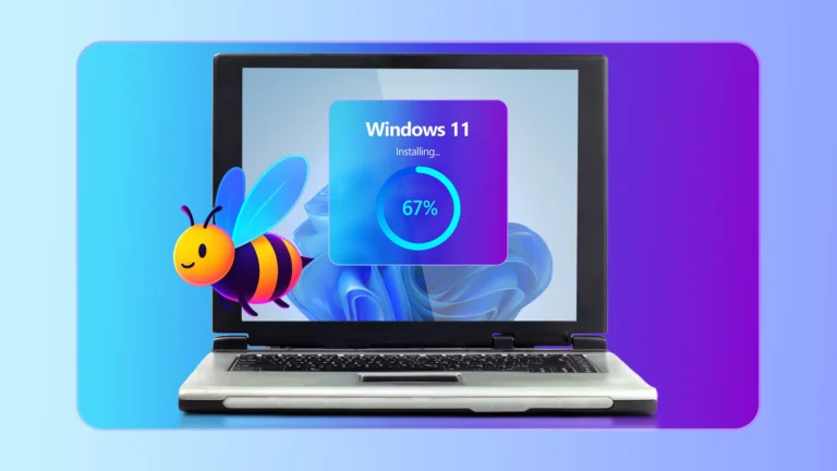 old laptop installing windows 11 with a progress bar while flyoobe hovers beside the screen