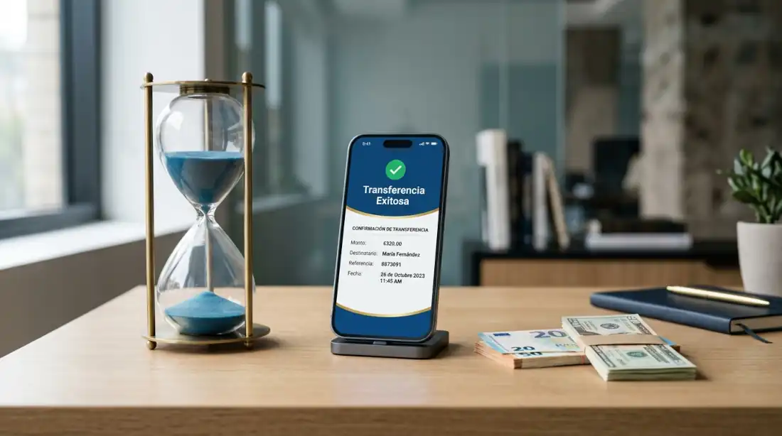 Reloj de arena junto a billetes representando el tiempo de cambiar bitcoin por dinero real