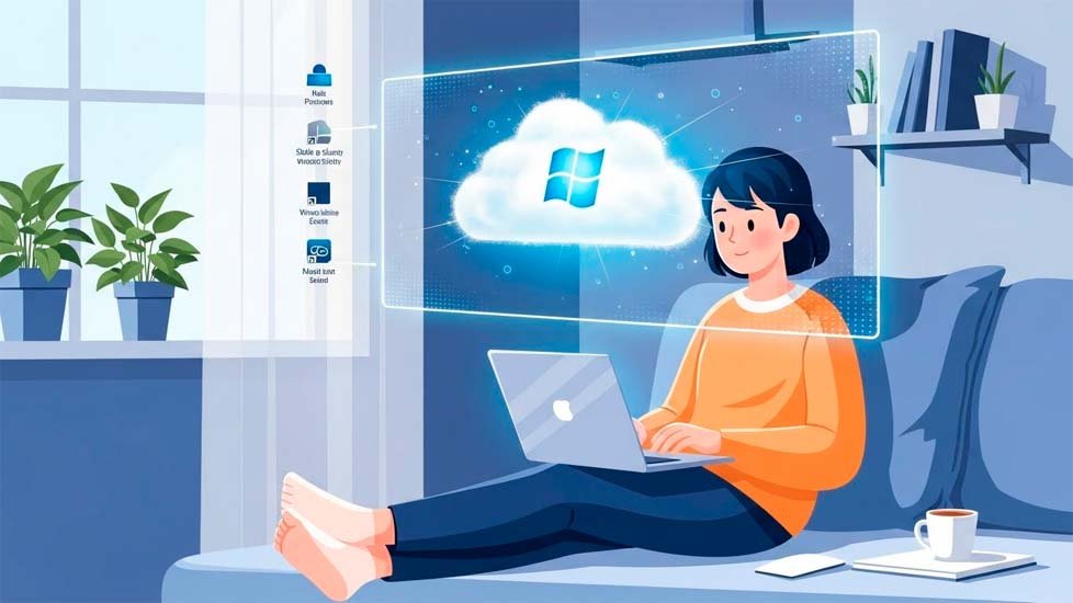 Qué es VDI y por qué cada vez más empresas usan Windows desde la nube 34 Qué es VDI. Persona trabajando relajada desde casa con una laptop sencilla.