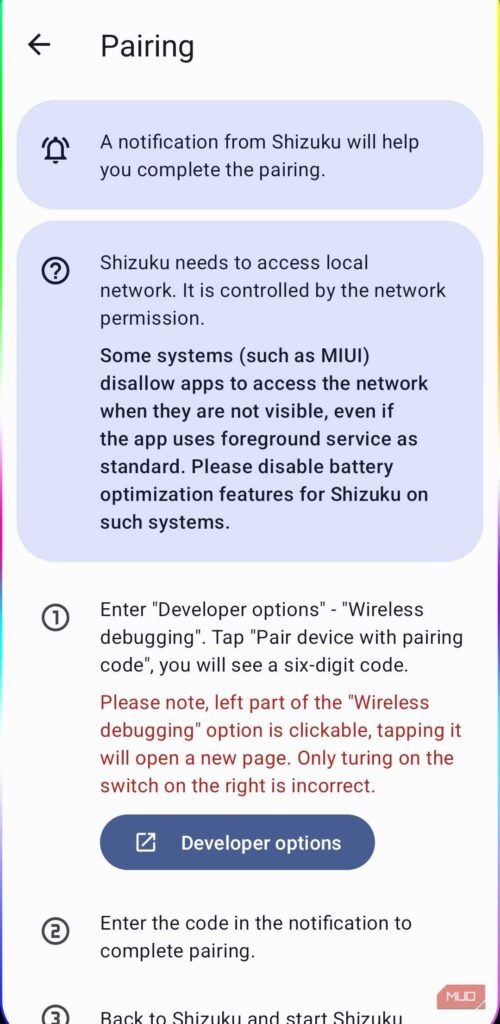 Cómo eliminar el bloatware en Android sin root (debloating paso a paso) 38 shizuku app pairing menu on android phone