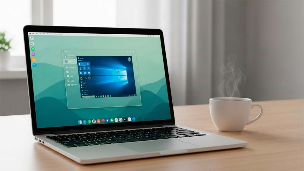 una laptop moderna ejecutando vm windows 10 dentro de una interfaz de hipervisor