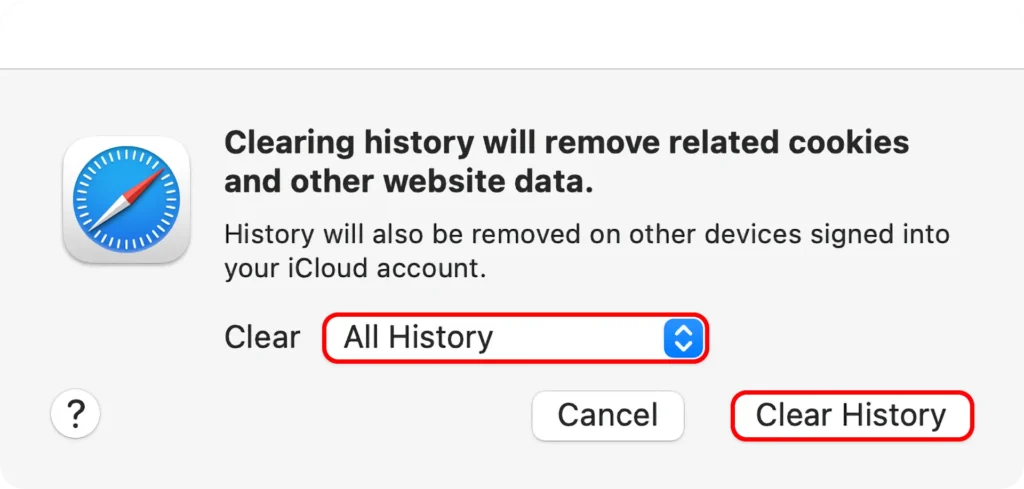 apple macos sequoia safari browser app clear history dialog all history selected annotation 1