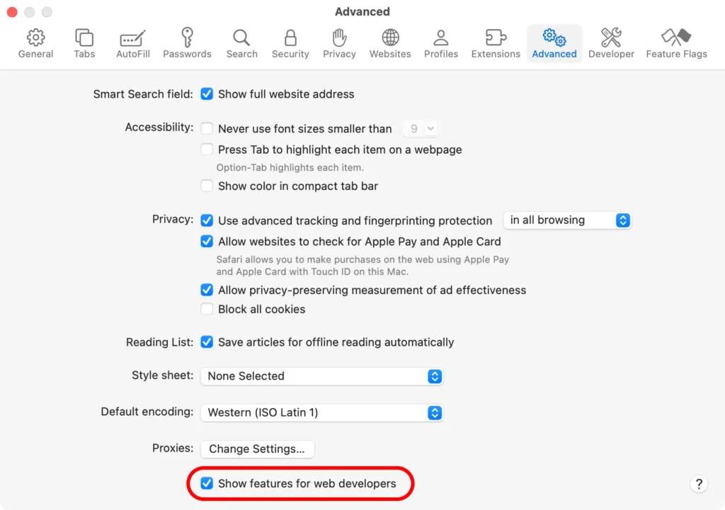 apple macos sequoia safari browser app settings advanced tab show features for web developers enabled annotation