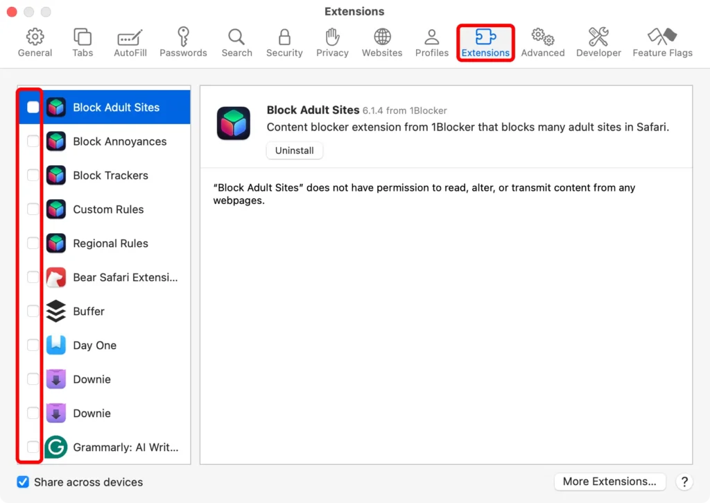 apple macos sequoia safari browser app settings extensions tab everything deselected annotation