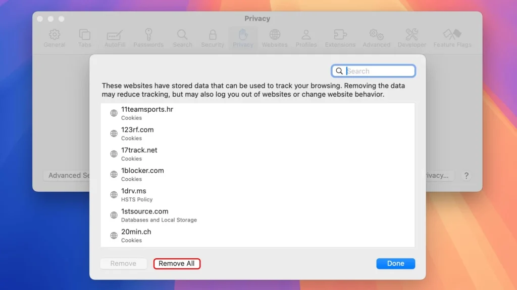 apple macos sequoia safari browser app settings privacy tab manage website data dialog remove all option selected annotation