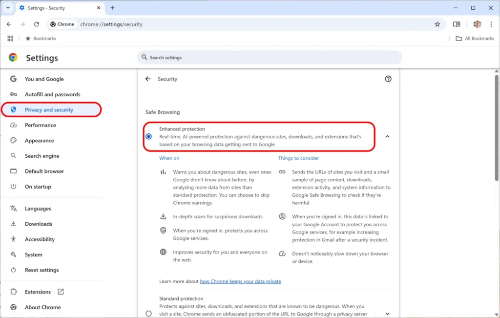 google chrome windows app settings privacy and security safe browsing enhance protection enabled annotation