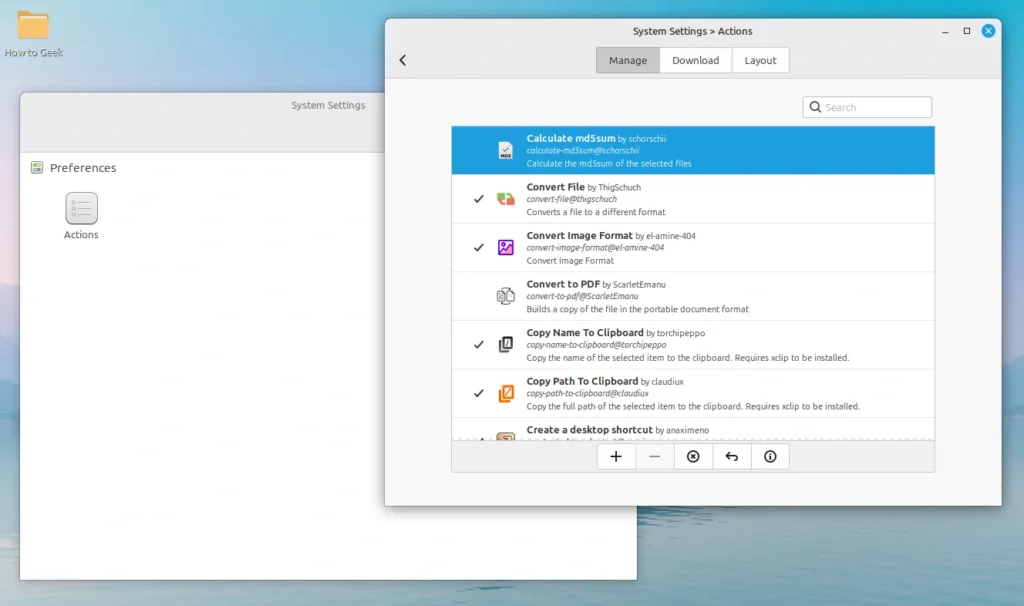 linux mint actions setting