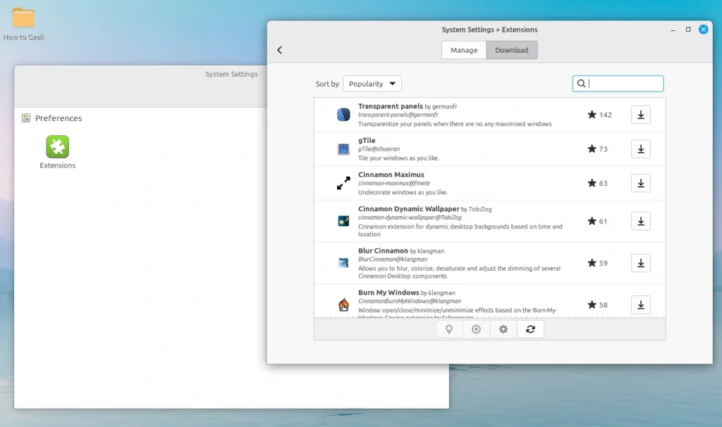 linux mint extensions setting