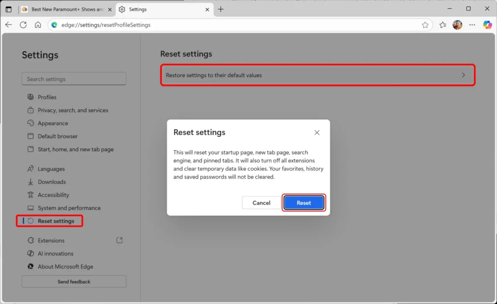microsoft windows 11 edge browser reset settings dialog reset button selected annotation