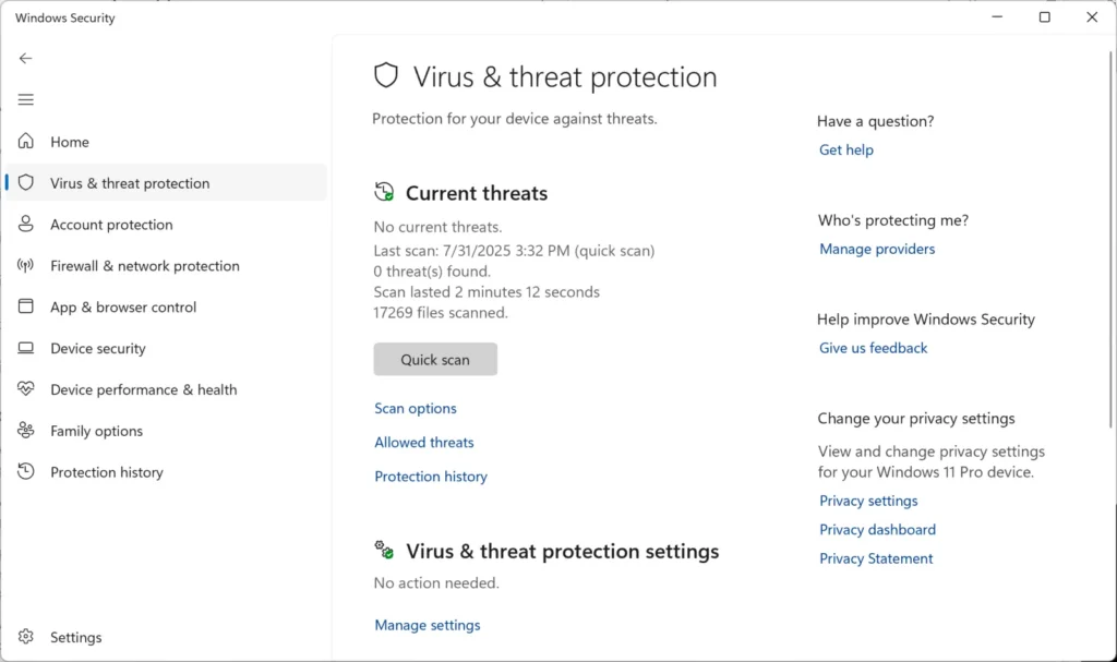 microsoft windows security app quick scan no threats found