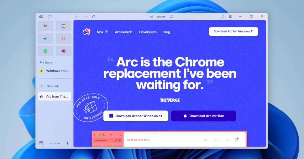Captura de Arc Browser con espacios de trabajo, vista dividida y diseño minimalista para productividad.