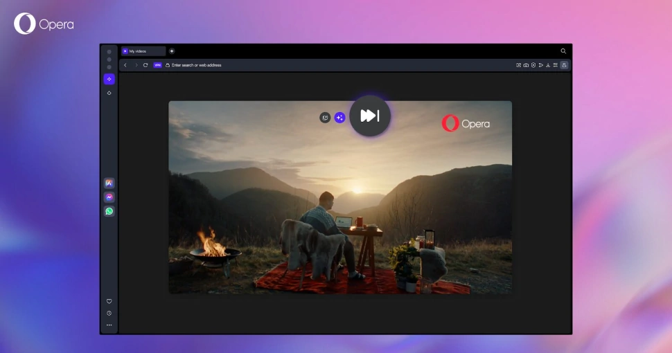 Captura de Opera con VPN gratuita, barra lateral y asistente IA Aria integrado.